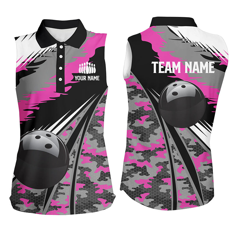 Ärmellose Damen-Bowling-Poloshirts, personalisierte schwarze Bowlingkugel mit pinkfarbenem Camo-Muster, Bowling-Teamtrikot, Geschenk für Bowler NQS5424