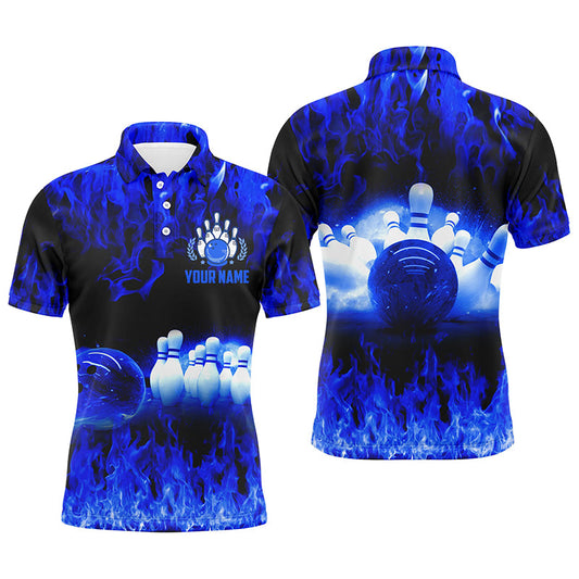 Blaues Flammen-Bowling-Poloshirt für Herren, personalisierte Bowlingtrikots, Bowling-Teamtrikots NQS5199