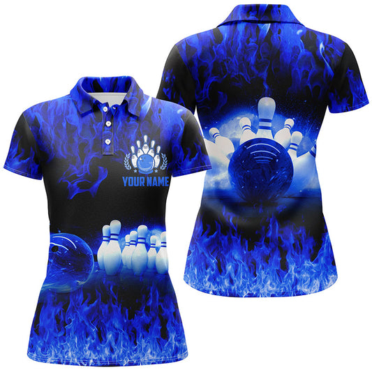 Blaues Flammen-Bowling-Poloshirt für Damen, personalisierte Bowlingliga-Shirts, weibliche Bowling-Uniform NQS5199