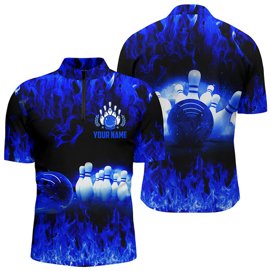 Blaues Flammen-Bowlinghemd mit Viertelreißverschluss für Herren, personalisiertes Bowling-Teamhemd, Bowlingliga-Shirts NQS5199