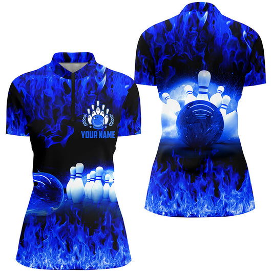 Blaues Flammen-Bowlinghemd mit Viertelreißverschluss für Damen, personalisiertes Bowling-Teamtrikot, Bowling-Teamuniform NQS5199