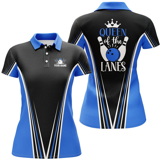 "Queen of the Lanes" Kurzarm-Poloshirts für Damen, personalisiertes Geschenk für Bowling-Spielerinnen | Blau NQS5210