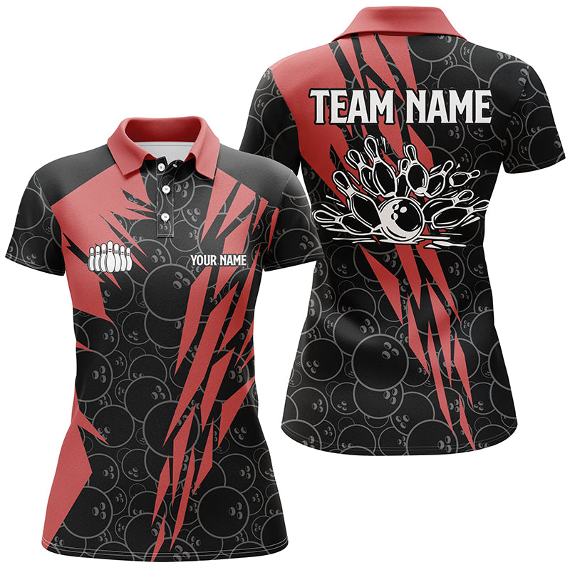 Schwarzes Tarnmuster-Bowling-Poloshirt für Damen – Individuelle „Strike“-Team-Liga-Trikots | Rot NQS6343