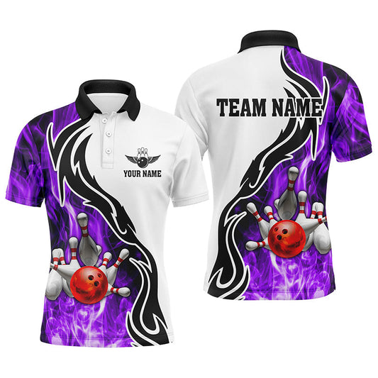 Herren-Bowling-Poloshirt – Individuelle Bowlingkugel & Pins, „Strike“-Team-Liga-Trikot, Bowling-Geschenke | Lila NQS6344