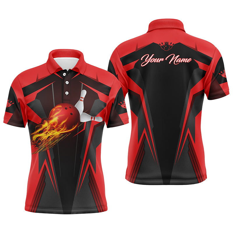 Personalisierte Herren-Bowling-Poloshirts, Flammen-Bowlingkugel und Pins, Bowling-Polo für Männer | Rot NQS4526