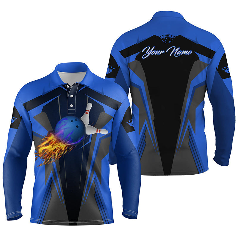 Personalisierte Herren-Bowling-Poloshirts, Flammen-Bowlingkugel und Pins, Bowling-Polo für Männer | Blau NQS4527