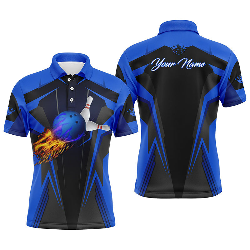 Personalisierte Herren-Bowling-Poloshirts, Flammen-Bowlingkugel und Pins, Bowling-Polo für Männer | Blau NQS4527