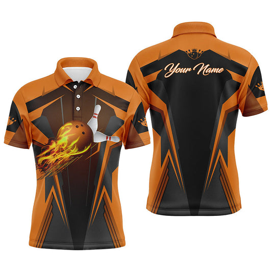 Personalisierte Herren-Bowling-Poloshirts, Flammen-Bowlingkugel und Pins, Bowling-Polo für Männer | Orange NQS4528