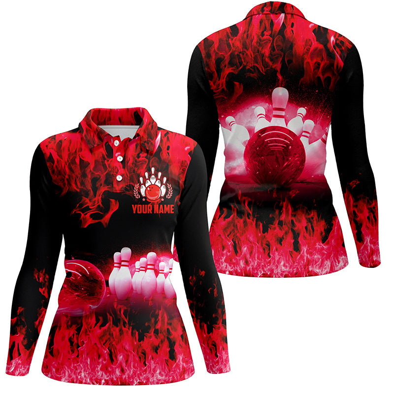 Rote Flammen-Damen-Bowling-Poloshirts – Personalisierte Team-Liga-Bowling-Shirts für Damen, Bowling-Uniformen NQS6366