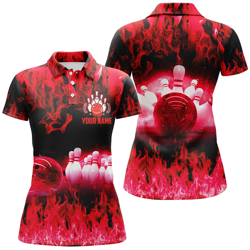 Rote Flammen-Damen-Bowling-Poloshirts – Personalisierte Team-Liga-Bowling-Shirts für Damen, Bowling-Uniformen NQS6366