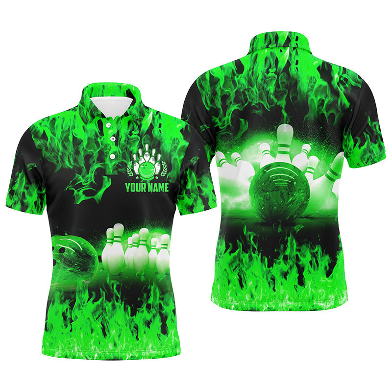 Grüne Flammen Herren-Bowling-Poloshirts – Personalisierte Herren-Bowling-Trikots, Bowling-Team-Trikots NQS6367