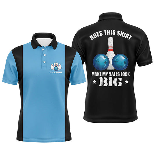 Herren-Bowling-Poloshirts – Individuelle Vintage-blau-schwarze Bowling-Trikots „Does this shirt make my balls look big“ NQS6381