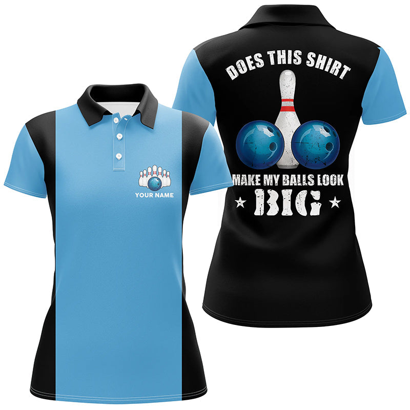 Damen-Bowling-Poloshirts – Individuelle Vintage-blau-schwarze Bowling-Trikots „Does this shirt make my balls look big“ NQS6381