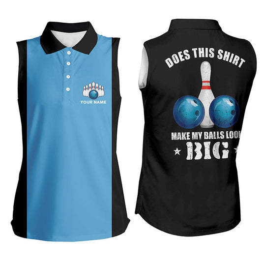 Damen-Ärmellose Bowling-Poloshirts – Individuelle Vintage-blau-schwarze Bowling-Trikots „Does this shirt make my balls look big“ NQS6381