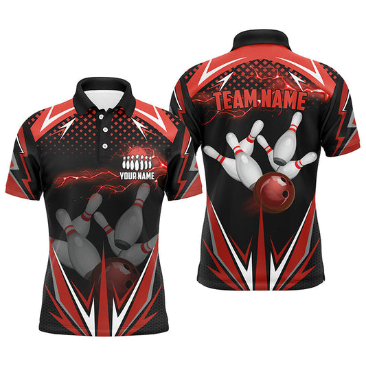 Schwarze Herren-Bowling-Poloshirts – Individuelle Rote Blitz-Team-Herren-Bowling-Trikots, Bowling-Outfits NQS6588