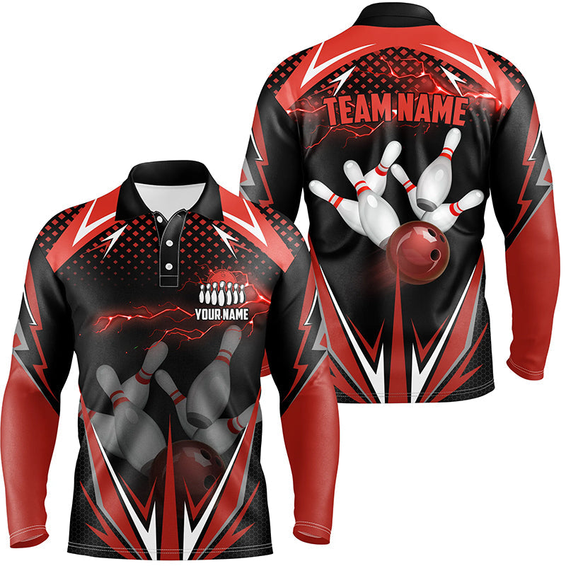 Schwarze Herren-Bowling-Poloshirts – Individuelle Rote Blitz-Team-Herren-Bowling-Trikots, Bowling-Outfits NQS6588