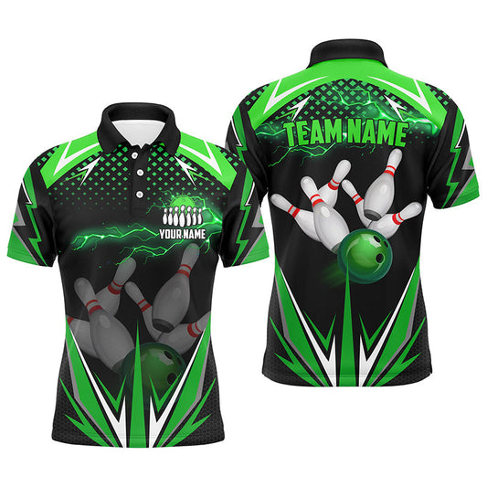 Schwarze Herren-Bowling-Poloshirts – Individuelle Grüne Blitz-Team-Herren-Bowling-Trikots, Bowling-Outfits NQS6589