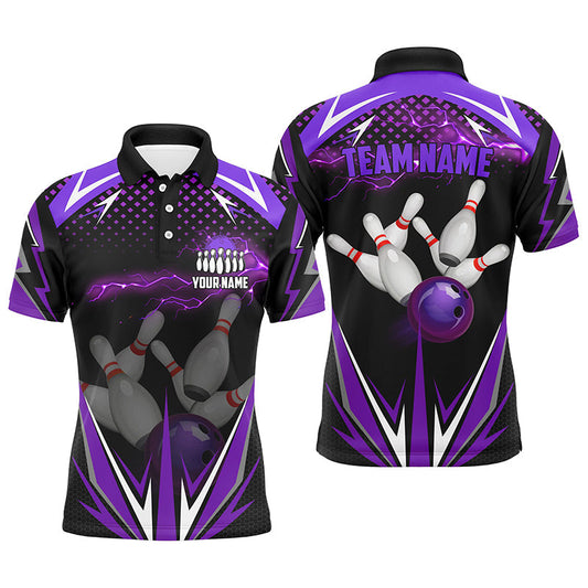 Schwarze Herren-Bowling-Poloshirts – Individuelle Lila Blitz-Team-Herren-Bowling-Trikots, Bowling-Outfits NQS6590