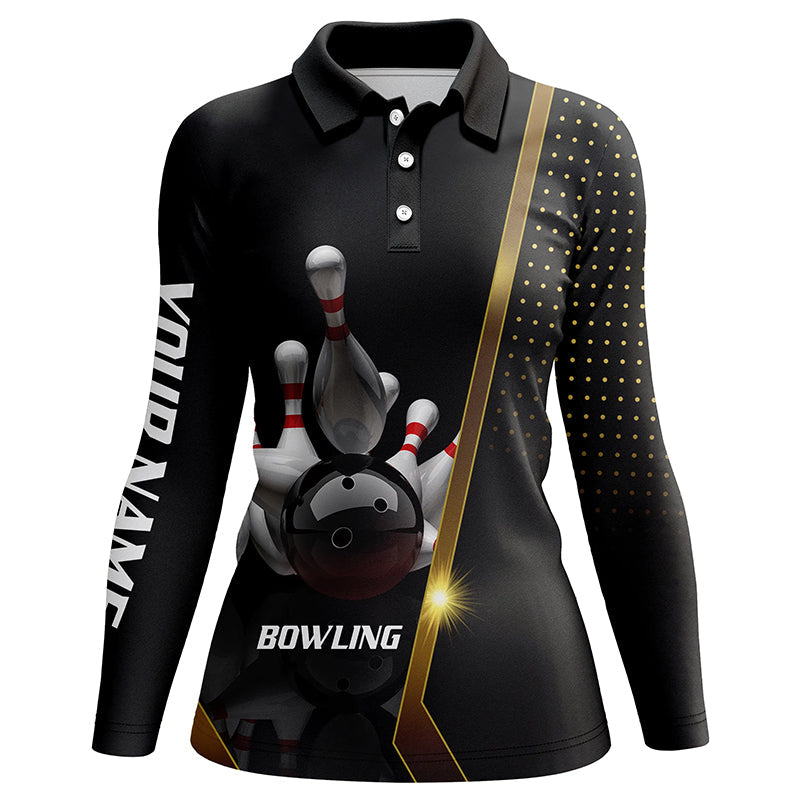 Personalisierte Damen-Bowling-Poloshirt – Schwarz-Gold Damen-Bowler, Individuelles Team-Bowling-Trikot NQS5947