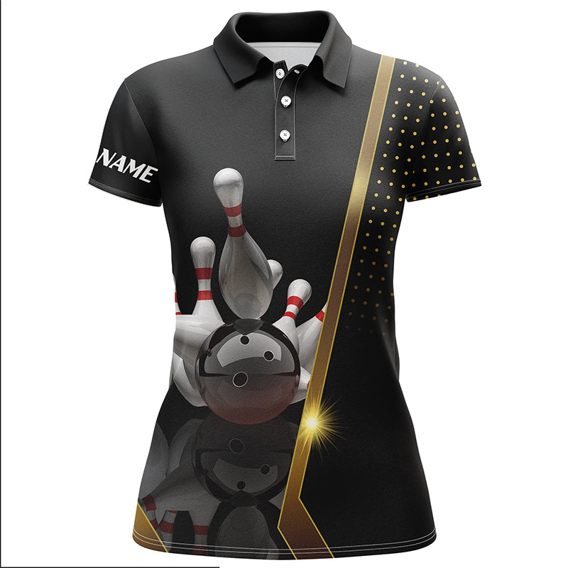 Personalisierte Damen-Bowling-Poloshirt – Schwarz-Gold Damen-Bowler, Individuelles Team-Bowling-Trikot NQS5947