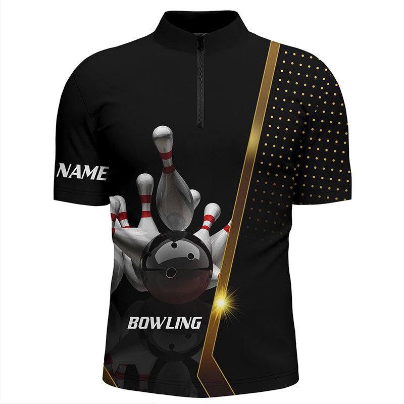 Personalisierte Herren-Bowling-Quarter-Zip-Shirt – Schwarz-Gold Herren-Bowler, Individuelles Team-Bowling-Trikot NQS5947