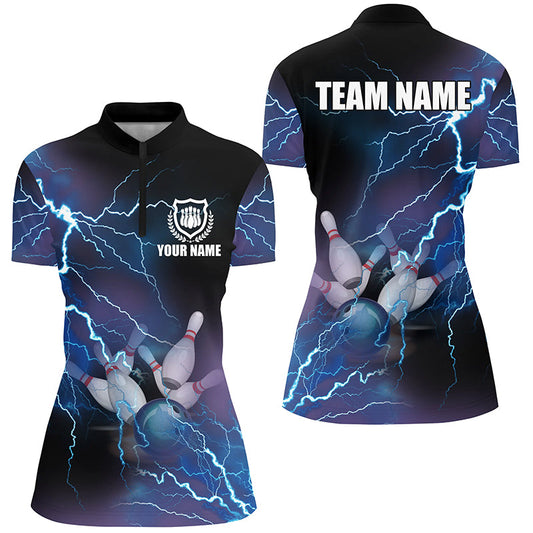 Damen-Bowlinghemden mit Viertelreißverschluss, personalisiertes blaues Blitz-Bowling-Teamtrikot, Geschenk für Bowler NQS5244