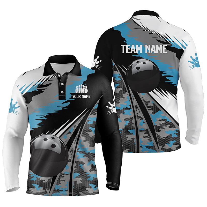 Herren-Poloshirts, personalisiertes schwarzes Bowlingkugel-Design mit blauem Camo-Muster, Bowling-Teamtrikot, Geschenk für Bowler NQS5247