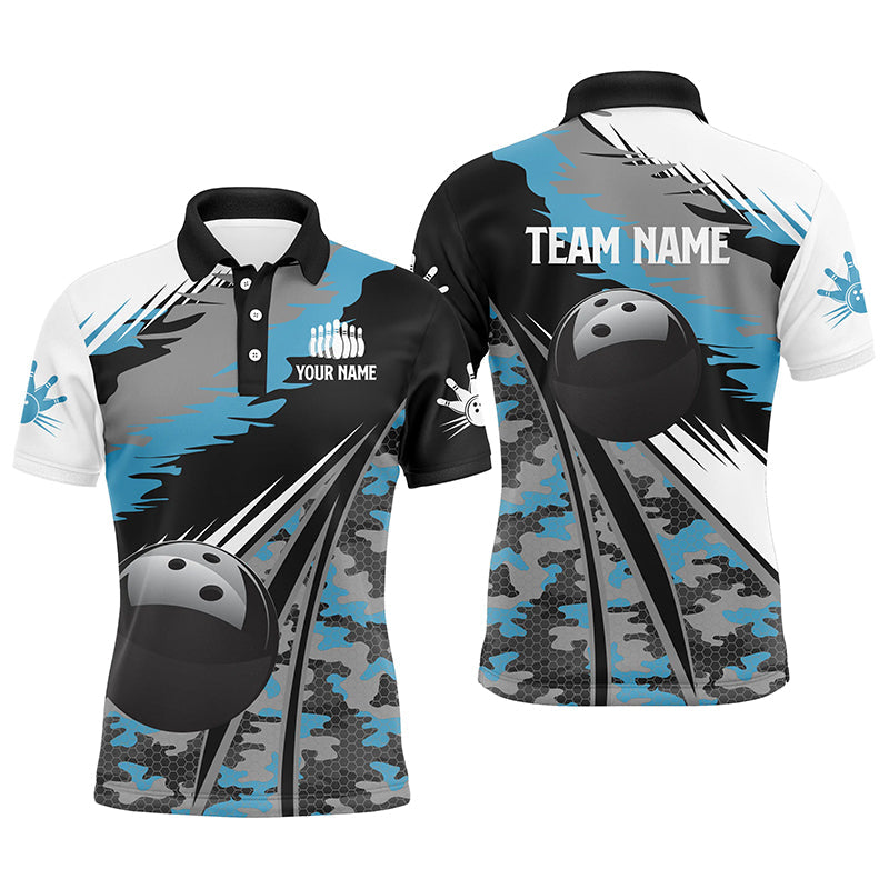 Herren-Poloshirts, personalisiertes schwarzes Bowlingkugel-Design mit blauem Camo-Muster, Bowling-Teamtrikot, Geschenk für Bowler NQS5247