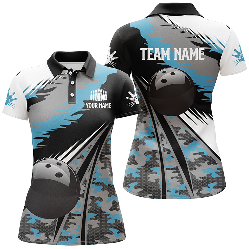 Damen-Bowling-Poloshirts, personalisiertes schwarzes Bowlingkugel-Design mit blauem Camo-Muster, Bowling-Teamtrikot, Geschenk für Bowler NQS5247