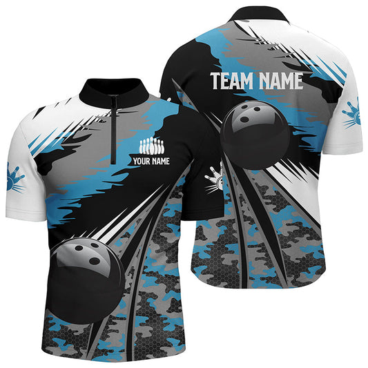 Herren-Bowlinghemden mit Viertelreißverschluss, personalisiertes schwarzes Bowlingkugel-Design mit blauem Camo-Muster, Bowling-Teamtrikot, Geschenk für Bowler NQS5247