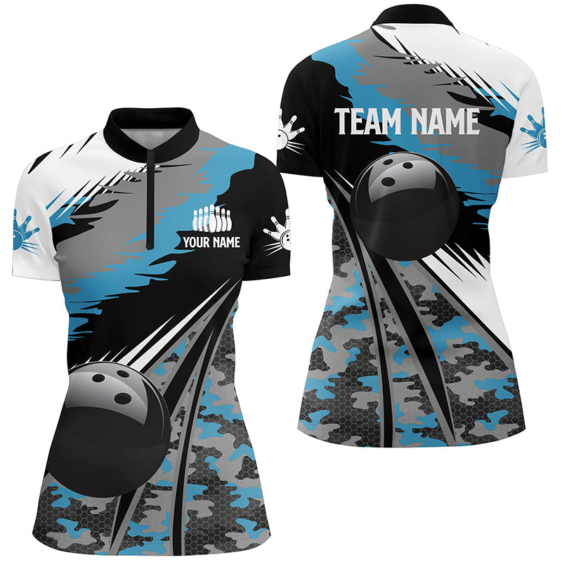 Damen-Bowlinghemden mit Viertelreißverschluss, personalisiertes schwarzes Bowlingkugel-Design mit blauem Camo-Muster, Bowling-Teamtrikot, Geschenk für Bowler NQS5247