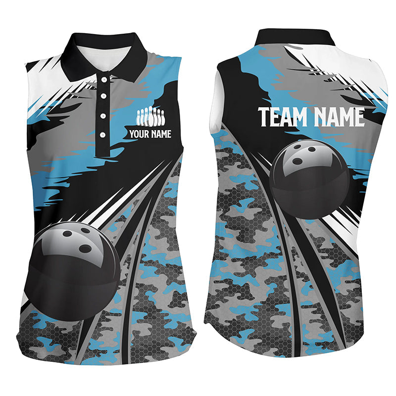 Ärmellose Damen-Bowling-Poloshirts, personalisiertes schwarzes Bowlingkugel-Design mit blauem Camo-Muster, Bowling-Teamtrikot, Geschenk für Bowler NQS5247