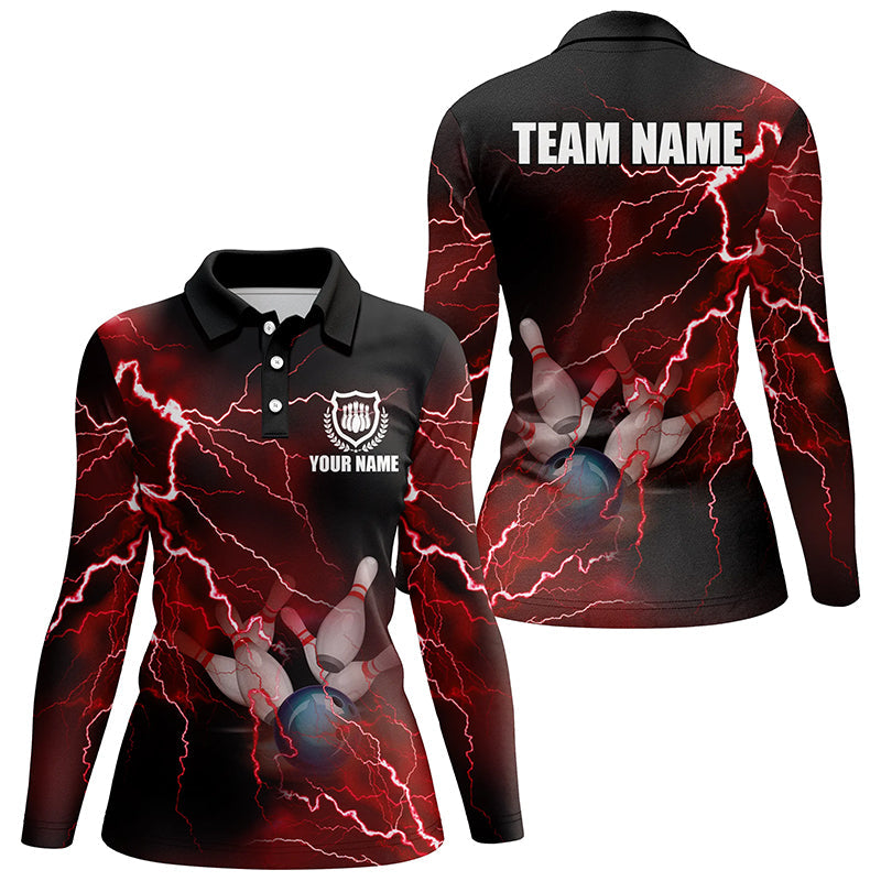 Damen-Bowling-Poloshirts – Individuelle rote Blitz-Bowling-Team-Trikots, Geschenk für Team-Bowler NQS6145