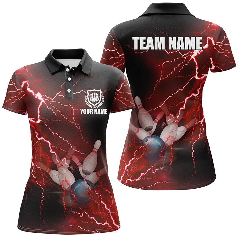 Damen-Bowling-Poloshirts – Individuelle rote Blitz-Bowling-Team-Trikots, Geschenk für Team-Bowler NQS6145