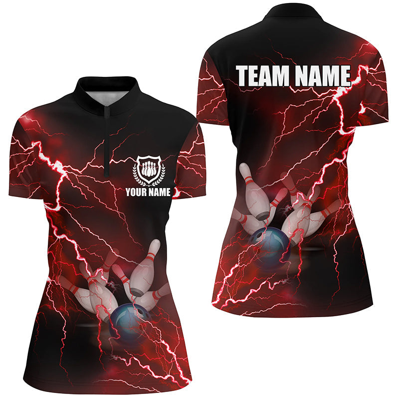 Damen-Bowling-Quarter-Zip-Shirts – Individuelle rote Blitz-Bowling-Team-Trikots, Geschenk für Bowler NQS6145