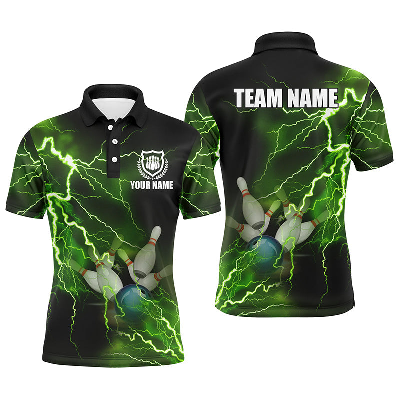 Herren-Bowling-Poloshirts – Individuelle grüne Blitz-Bowling-Team-Trikots, Geschenk für Team-Bowler NQS6146