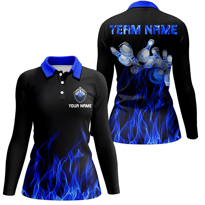 Blaue Flammen-Bowling-Poloshirts für Damen – Schwarzes Bowling-Trikot, personalisierte Bowling-Team-Shirts NQS5488