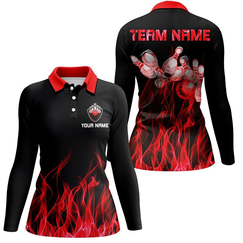 Rote Flammen-Bowling-Poloshirts für Damen – Schwarze Bowling-Trikots, personalisierte Bowling-Team-Shirts NQS5488