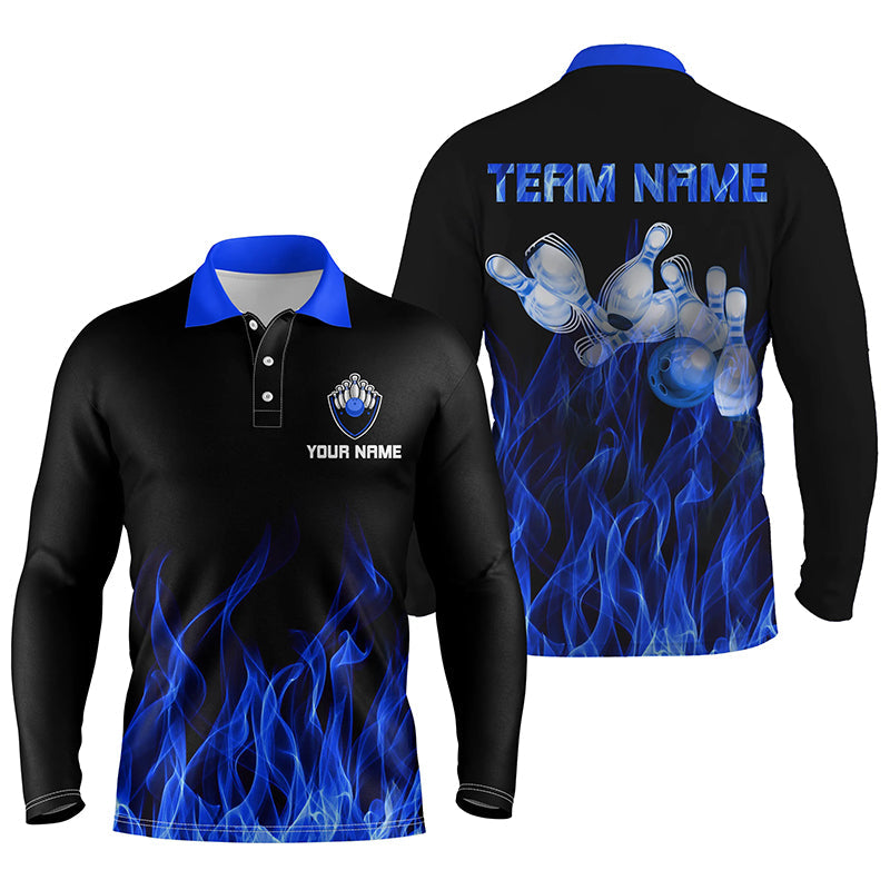 Personalisierte Bowling-Poloshirts für Herren – Blaue Flammen, Bowlingkugel und Pins, Bowling-Trikots für Bowler NQS5488