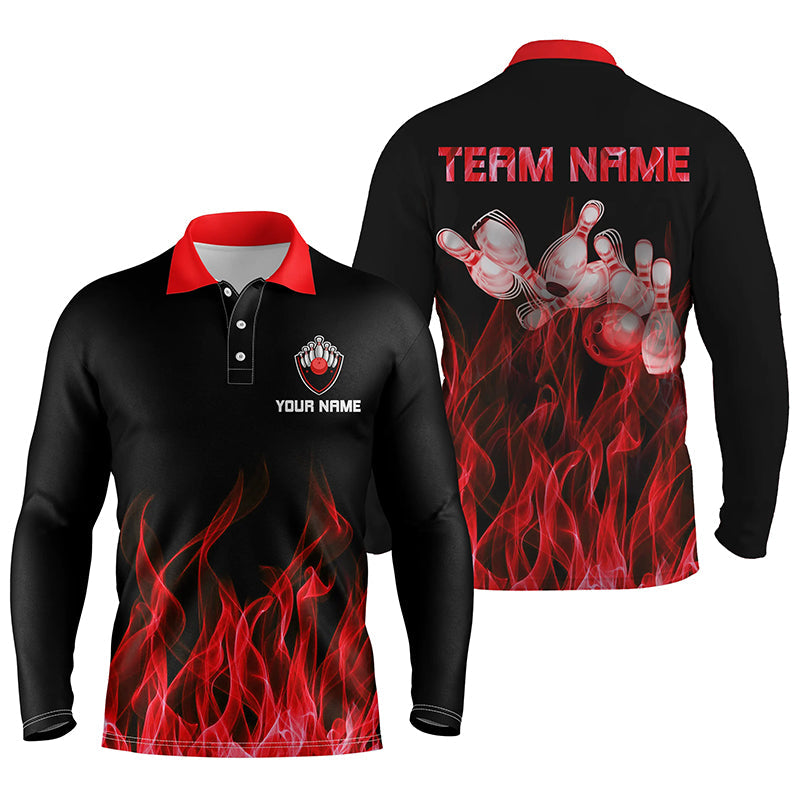 Personalisierte Bowling-Poloshirts für Herren – Rote Flammen, Bowlingkugel und Pins, Bowling-Trikots für Bowler NQS5488