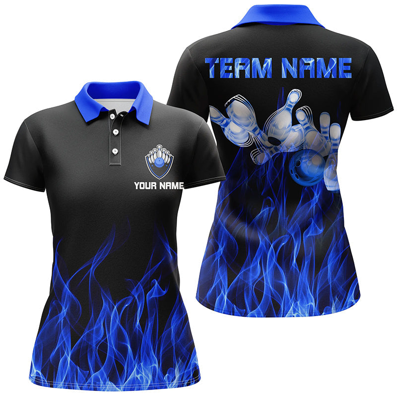 Blaue Flammen-Bowling-Poloshirts für Damen – Schwarzes Bowling-Trikot, personalisierte Bowling-Team-Shirts NQS5488