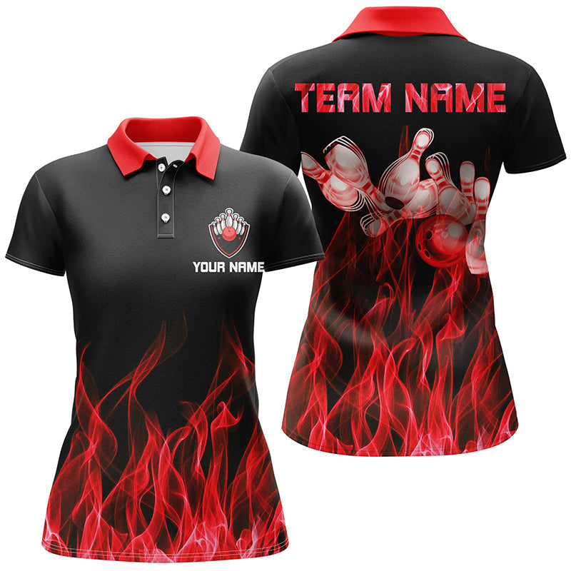 Rote Flammen-Bowling-Poloshirts für Damen – Schwarze Bowling-Trikots, personalisierte Bowling-Team-Shirts NQS5488