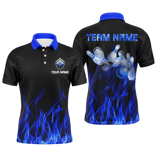 Personalisierte Bowling-Poloshirts für Herren – Blaue Flammen, Bowlingkugel und Pins, Bowling-Trikots für Bowler NQS5488