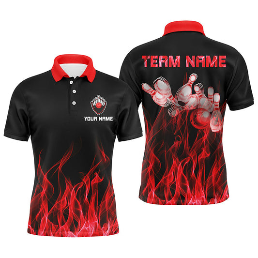 Personalisierte Bowling-Poloshirts für Herren – Rote Flammen, Bowlingkugel und Pins, Bowling-Trikots für Bowler NQS5488