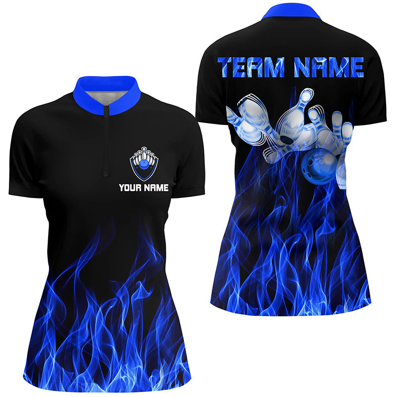 Blaue Flammen-Bowling-Quarter-Zip-Shirts für Damen – Schwarzes Bowling-Trikot, personalisierte Bowling-Team-Shirts NQS5488