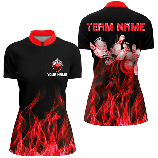 Rote Flammen-Bowling-Quarter-Zip-Shirts für Damen – Schwarze Bowling-Trikots, personalisierte Bowling-Team-Shirts NQS5488