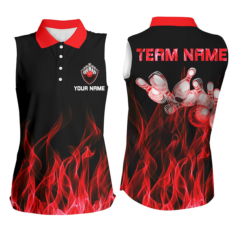 Personalisierte ärmellose Bowling-Poloshirts für Damen – Rote Flammen, Bowlingkugel und Pins, Bowling-Trikots für Bowler NQS5488