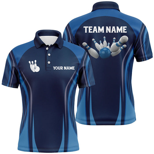 Bowling-Poloshirts für Herren – Individuelle Bowlingkugel & Pins, Blaue Vintage-Bowling-Team-Trikots NQS6391