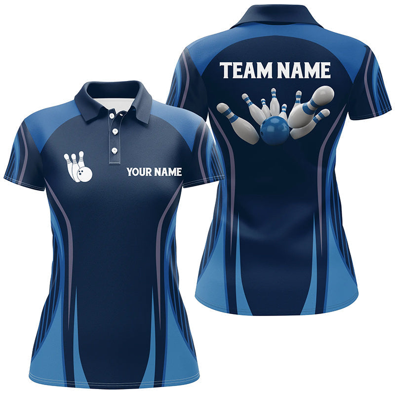 Bowling-Poloshirts für Damen – Individuelle Bowlingkugel & Pins, Blaue Vintage-Bowling-Team-Trikots NQS6391