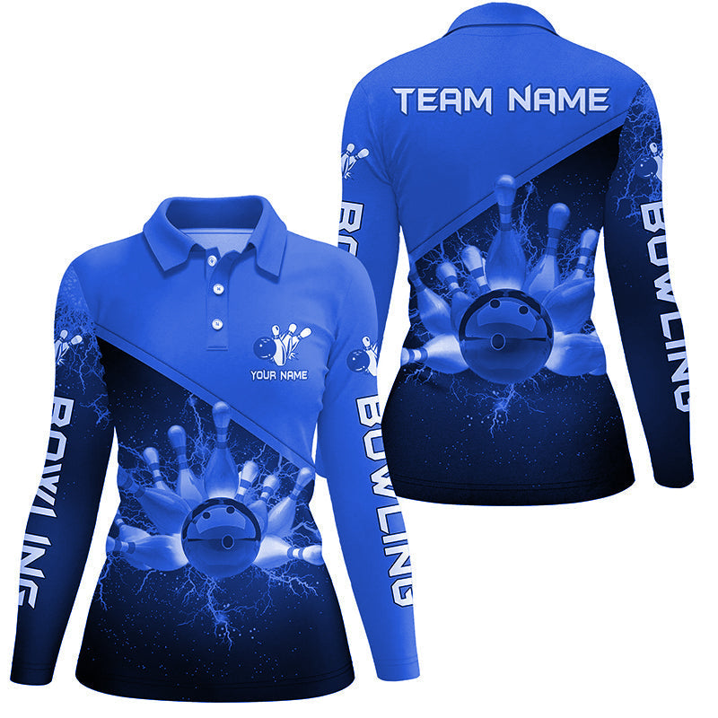 Damen-Bowling-Poloshirts – Individuelle Blaue Blitz-Donner Bowling-Team-Trikots, Geschenk für Team-Bowler NQS6620